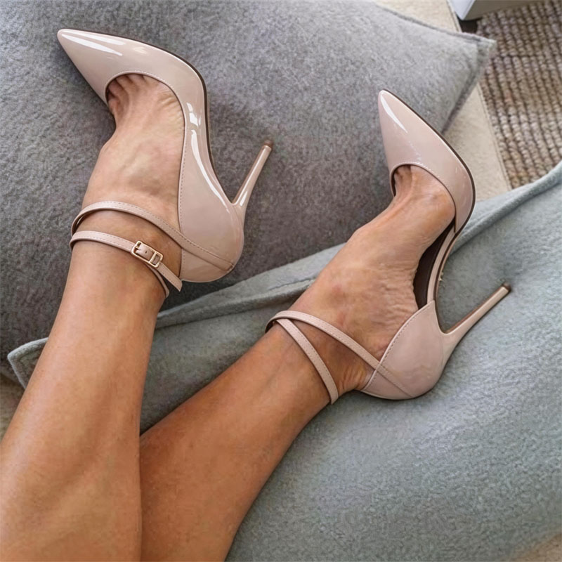 Shoeswoon Patent Pointed Toe Thin Crisscross Ankle Strap Stiletto Heels