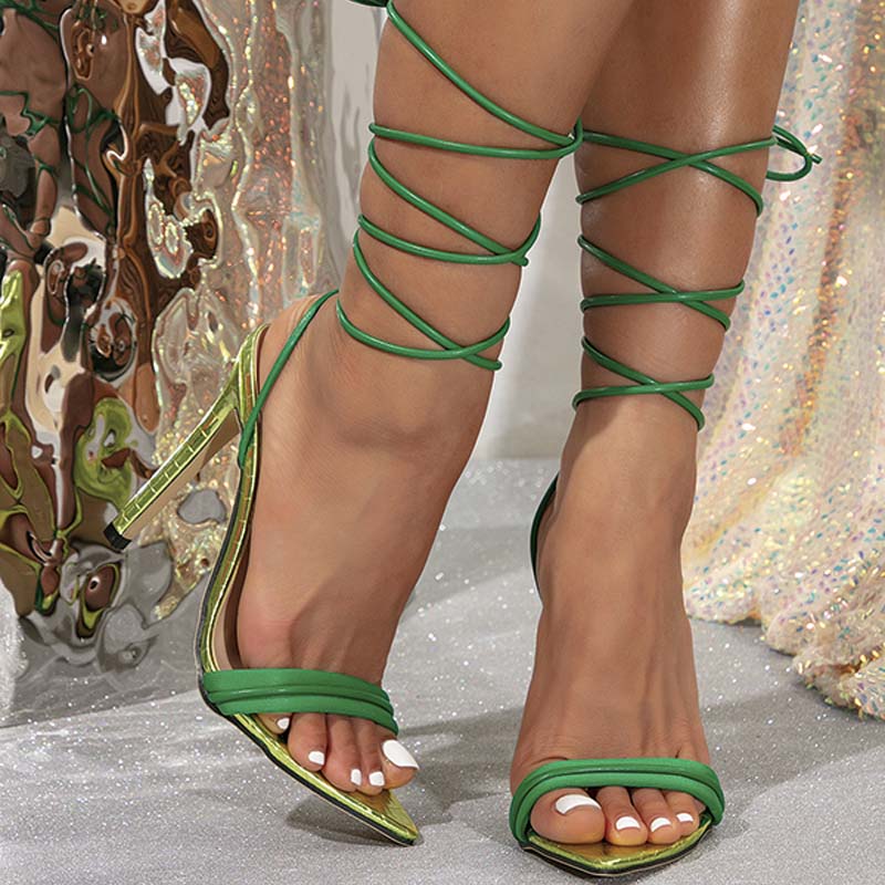 Shoeswoon Green Lace‑Up Ankle Wrap Pointed Toe Stiletto Sandals