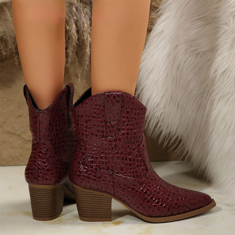 Shoeswoon Croc Embossed Pointed Toe Slip On Chunky Heel Ankle Western Cowgirl Boots