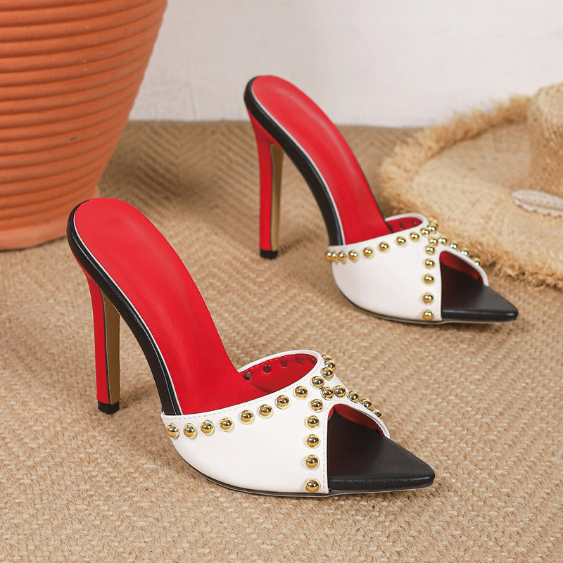 Shoeswoon Peep Pointed Toe Studded Slip On Stiletto Mules Two Tone Heeled Slides