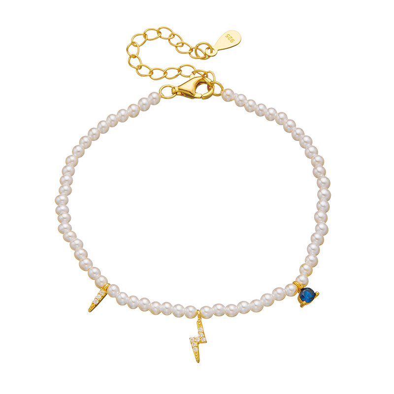Shoeswoon Pearl Beaded Lightning Charm Blue Crystal Adjustable Anklet