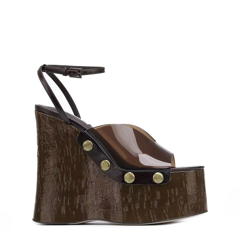 Shoeswoon Single Strap Brass Stud Thin Ankle Buckle Cork Platform Wedge Sandals