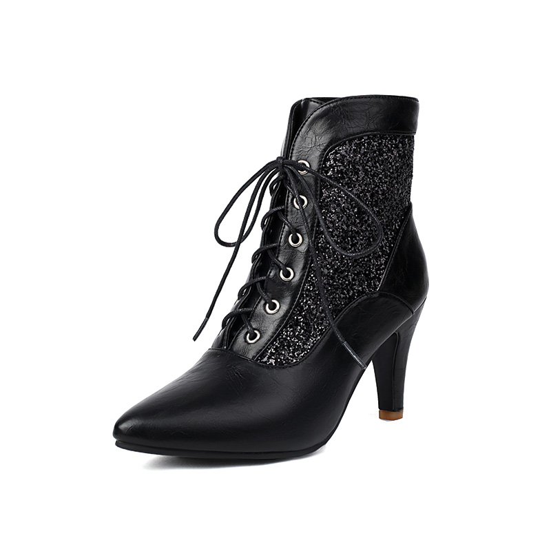 Shoeswoon Glitter Spliced Lace‑Up Pointed Toe Stiletto Ankle Boots