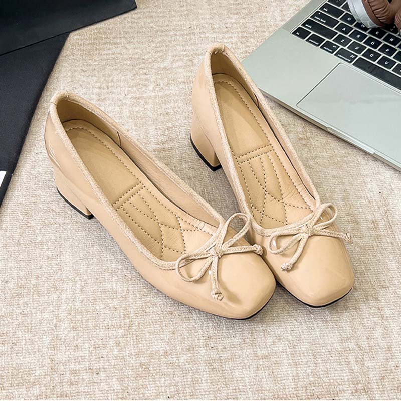 Shoeswoon Front Bow Hidden Internal Square Toe Low Chunky Heel Pumps
