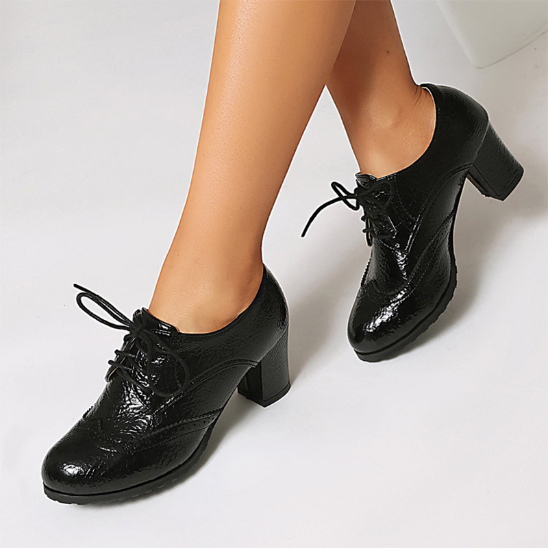 Shoeswoon Shiny Metallic Wingtip Perforated Lace‑Up Chunky Heel Vintage Oxford Pumps