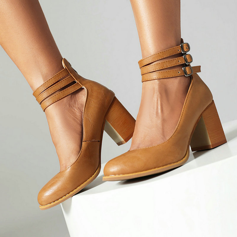 Shoeswoon Retro Triple Buckle Back‑Zip Mid Heel Mary Jane Shoes