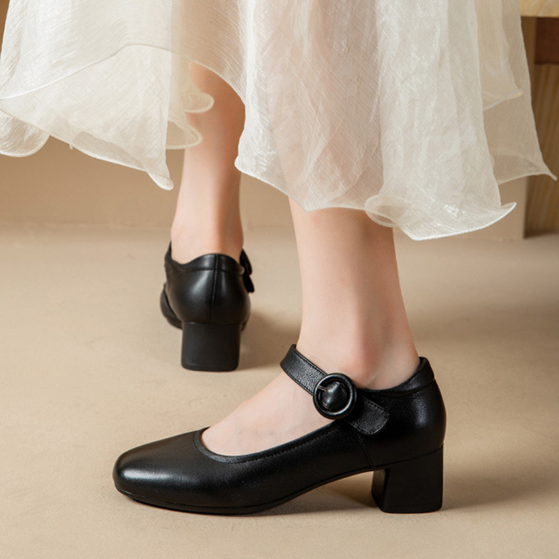 Shoeswoon Round Toe Single Buckle Ankle Strap Low Block Heel Mary Jane Pumps