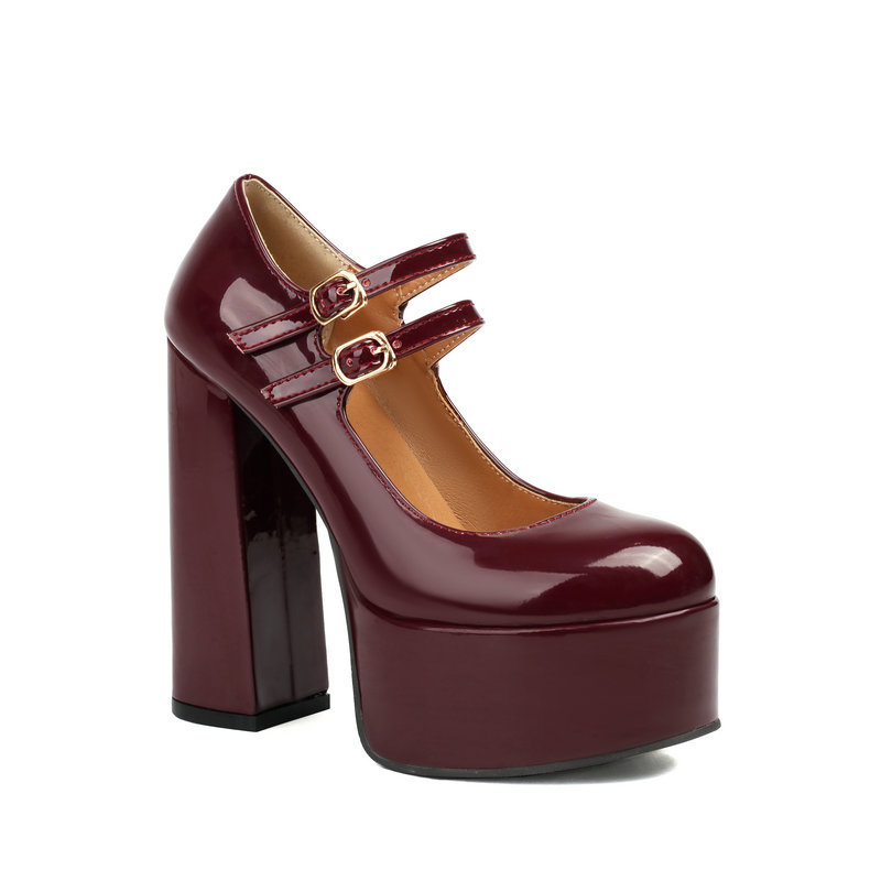 Shoeswoon Double Strap Mary Jane Round Toe Platform Chunky Heel Pumps