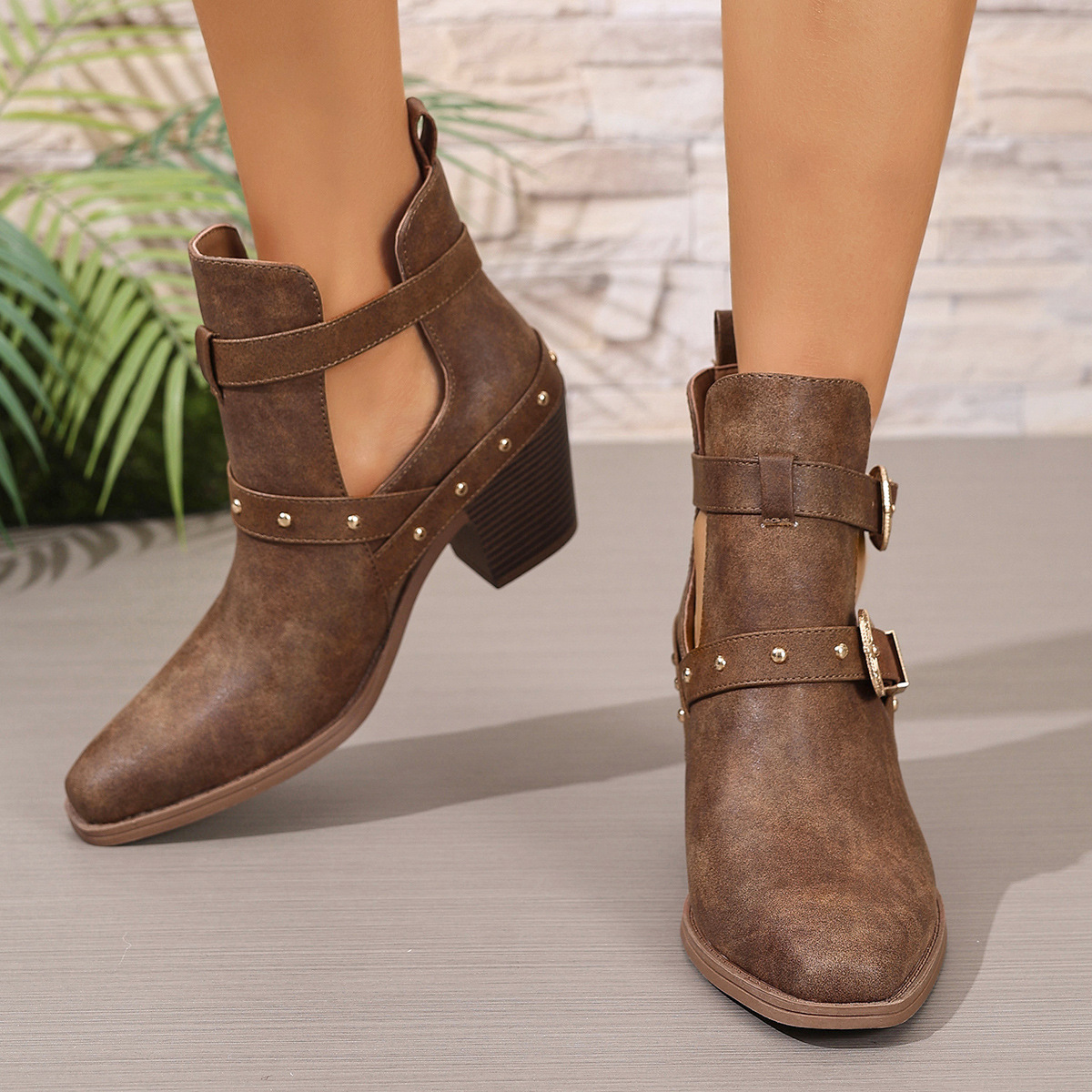 Shoeswoon Rivet Buckle Western Ankle Boots Cutout Vamp Block Heel