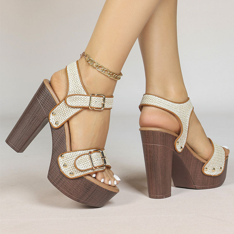 Shoeswoon Casual Woven Strap Faux Leather Wooden Look Chunky Platform Sandals