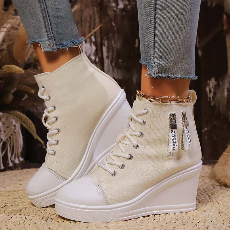 Shoeswoon Canvas High‑Top Wedge Sneakers Double Side Zippers Cap Toe