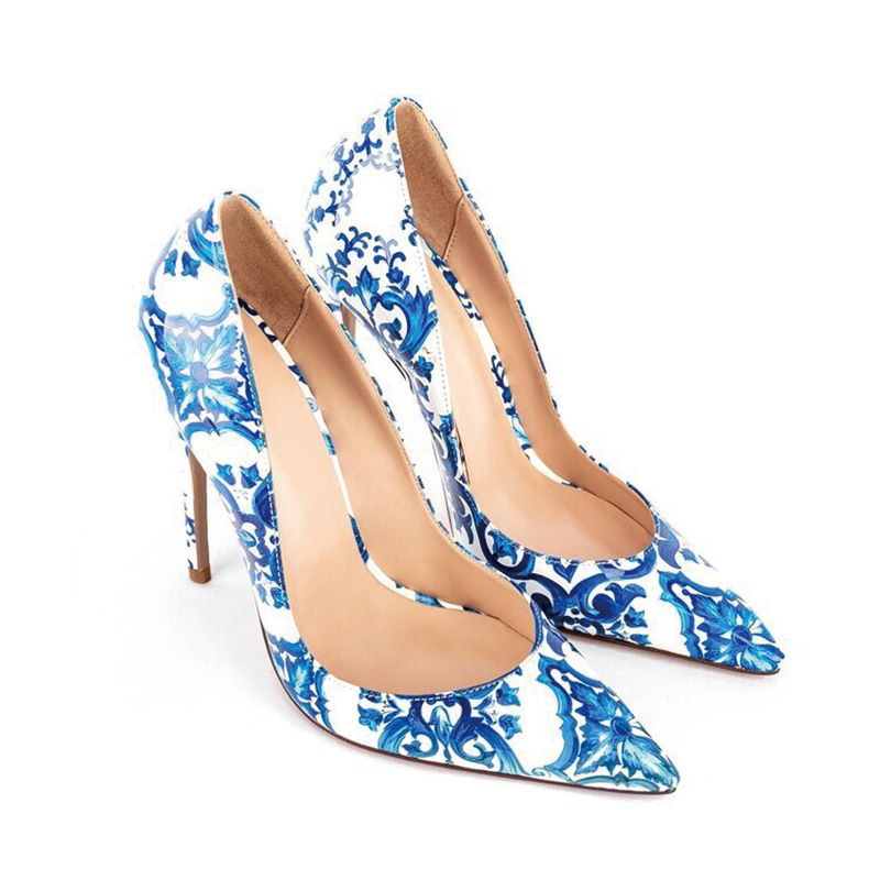 Shoeswoon Blue and White Porcelain Floral Print Pointed Toe Slip On Stiletto High Heel Pumps