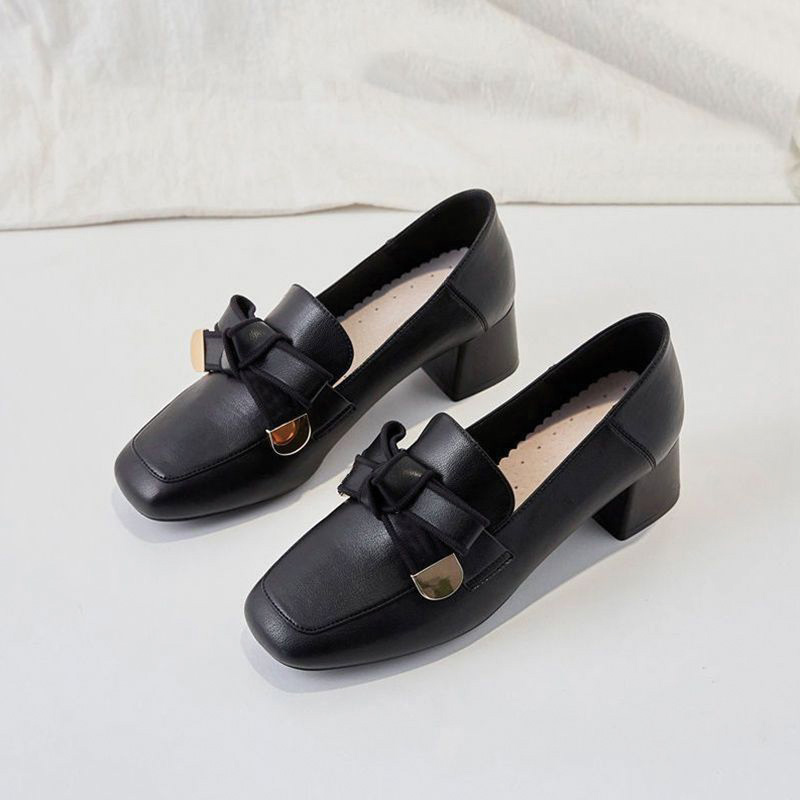 Shoeswoon Square Toe Contrast Bow Decor Slip‑On Mid Block Heel Women's Loafer Shoes