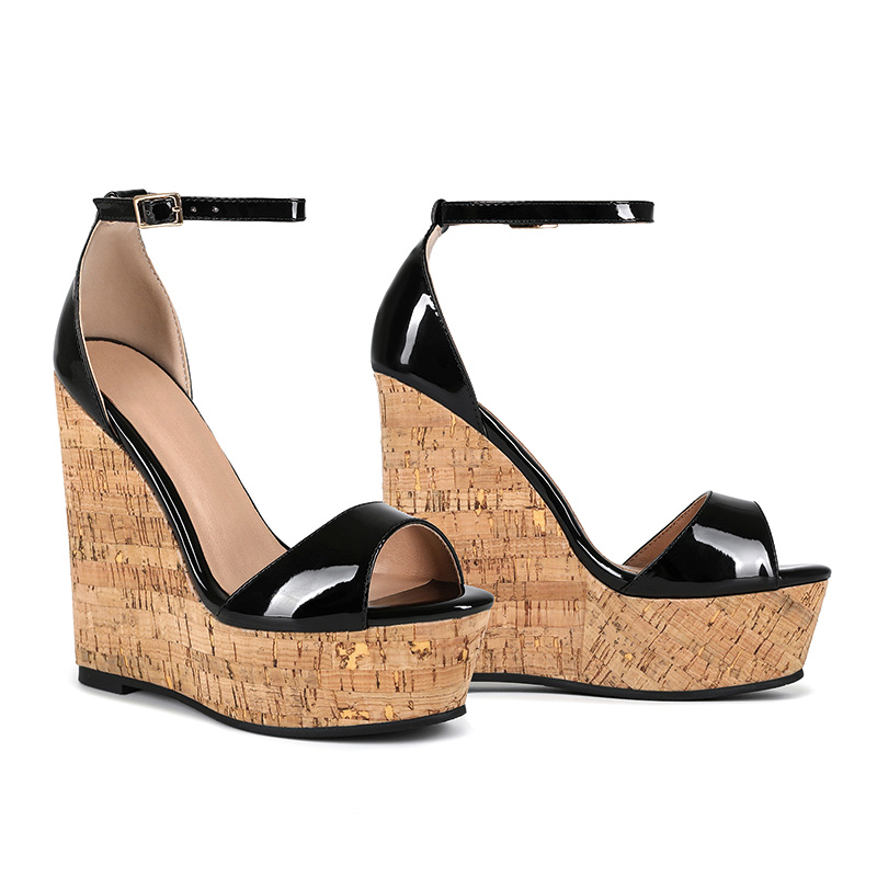 Shoeswoon Black Patent Peep Toe Ankle Strap Natural Cork Platform Wedge Sandals