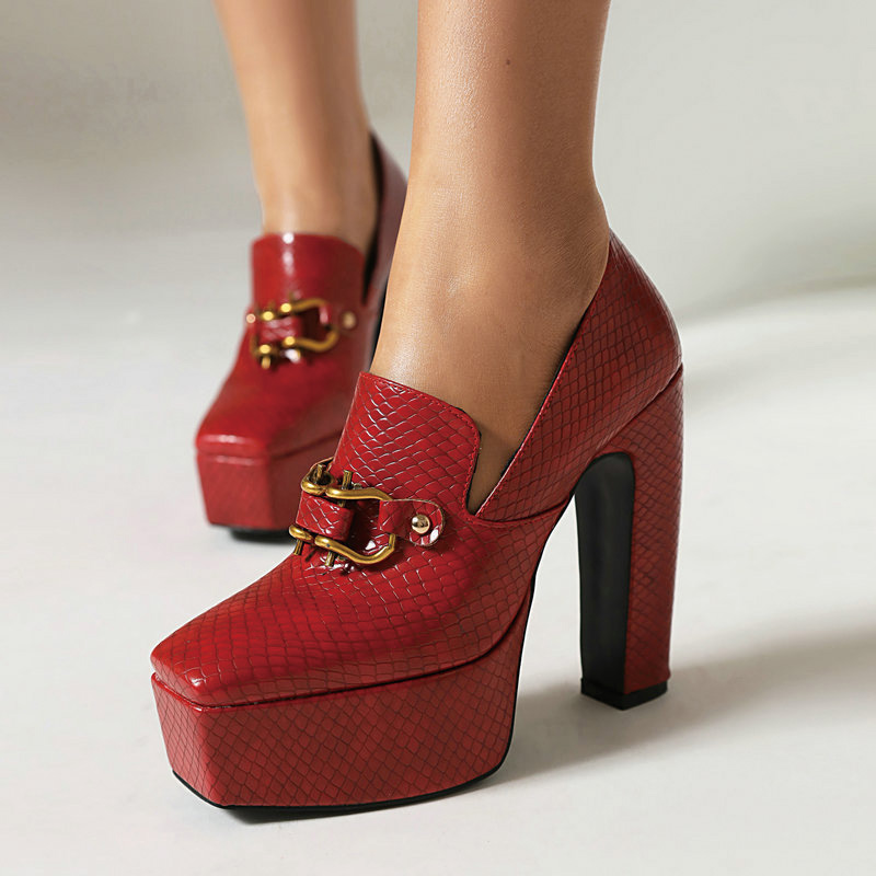 Shoeswoon Snake Embossed Gold Horsebit Square Toe Platform Chunky Heel Pumps