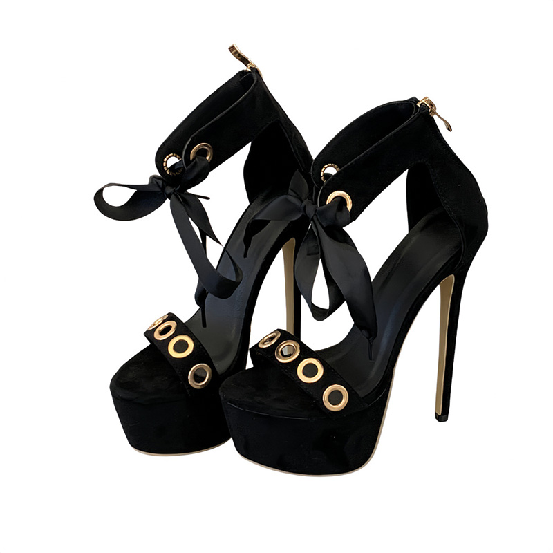 Shoeswoon Leopard Print Suede Eyelet Ribbon Bow Ankle Strap Platform Stiletto Sandals