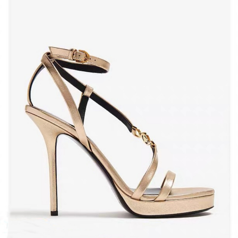 Shoeswoon Satin Gold Medallion Hardware Ankle Strap Platform Stiletto Sandals