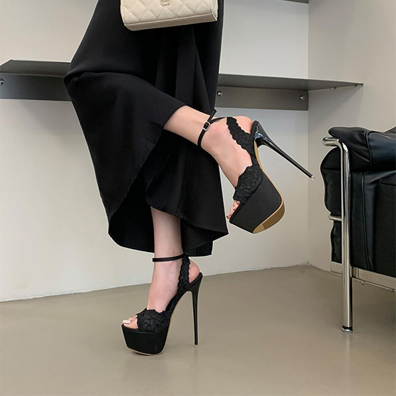 Shoeswoon Floral Lace Peep Toe Ankle Strap Super Platform Stiletto Sandals