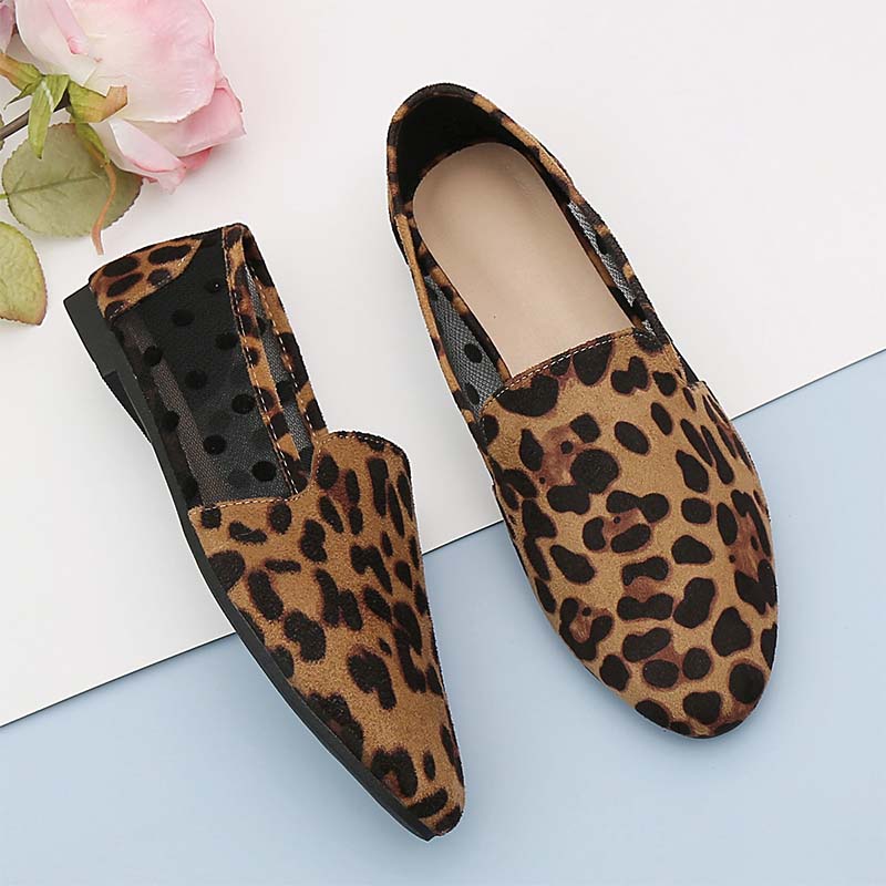 Shoeswoon Leopard Print Mesh Patchwork Slip On Loafers