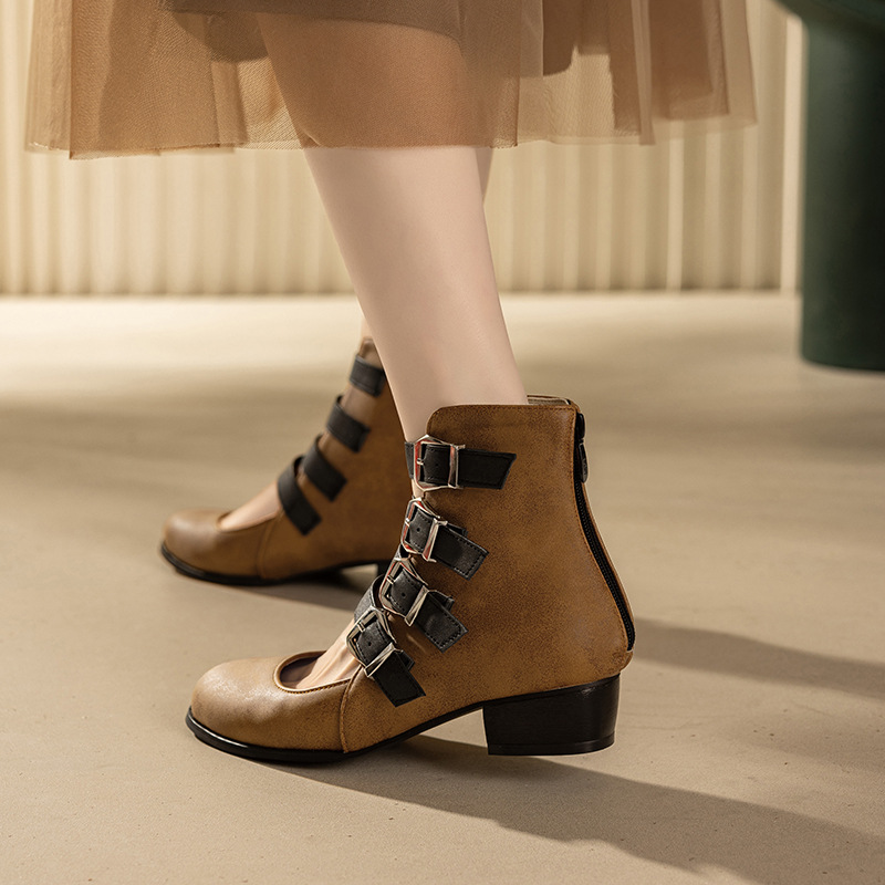 Shoeswoon Multi‑Buckle Cutout Ankle Booties Back Zipper Low Block Heel