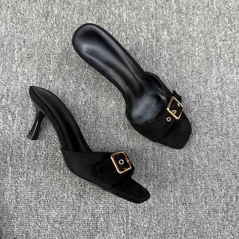 Shoeswoon Single Strap Gold Square Buckle Square Toe Kitten Heel Slide Mules
