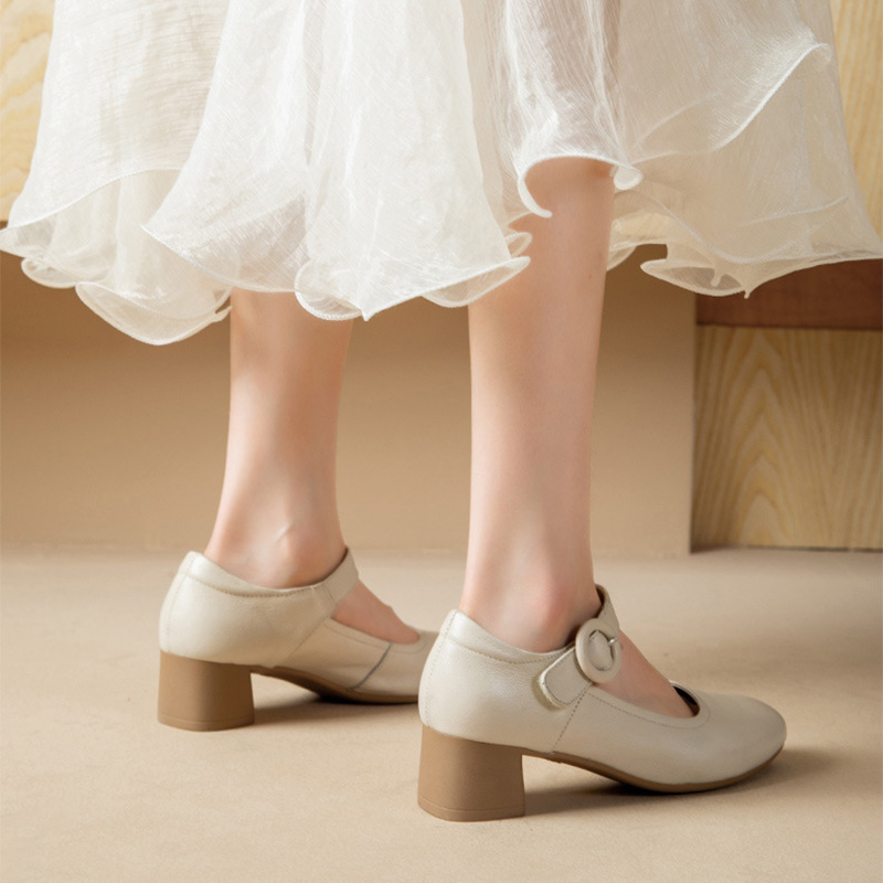 Shoeswoon Round Toe Single Buckle Ankle Strap Low Block Heel Mary Jane Pumps