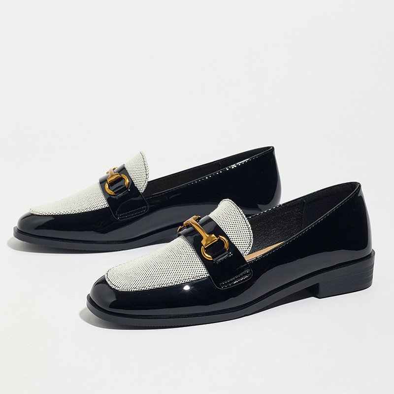 Shoeswoon Black‑White Contrast Spliced Square Toe Gold Buckle Low‑Heel Ladies Fashion Loafers