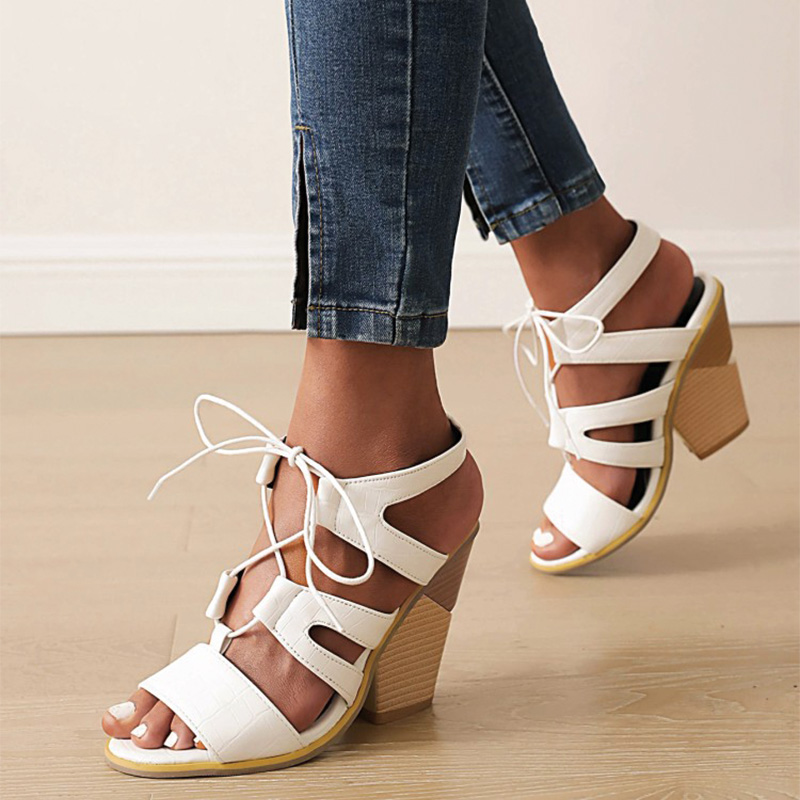 Shoeswoon Strappy Lace Up Cutout Open Toe Caged Chunky Heel Sandals