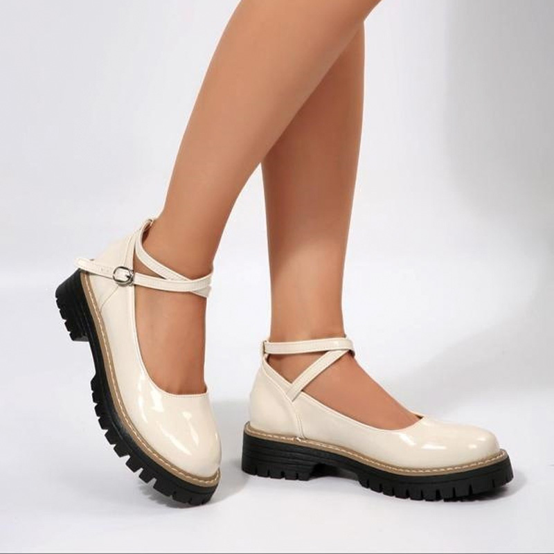 Shoeswoon Vintage White Criss‑Cross Ankle Buckle Thick‑Sole Mary Jane Shoes