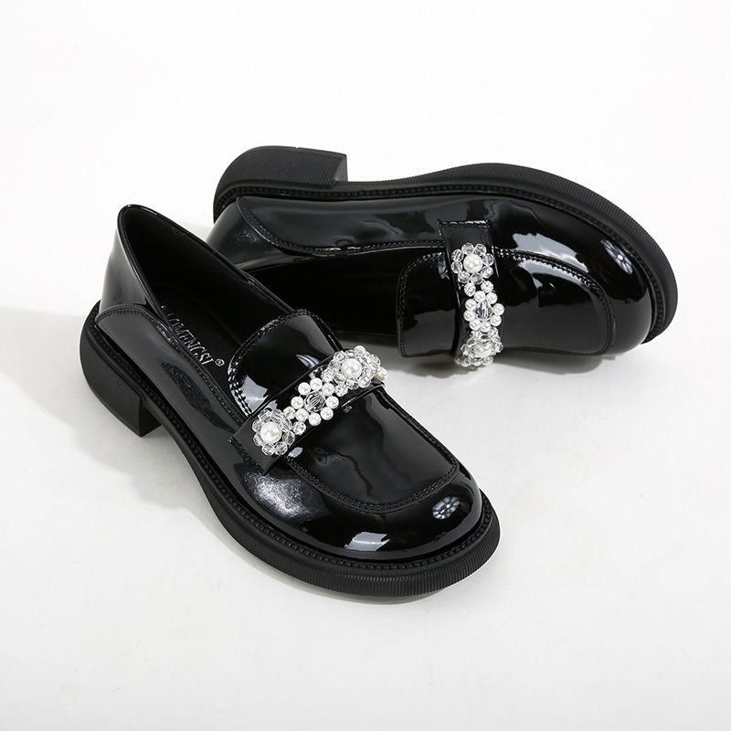 Shoeswoon Pearl Rhinestone Decor Black Patent Slip‑On Chunky Platform Flat Women's Loafer Shoes