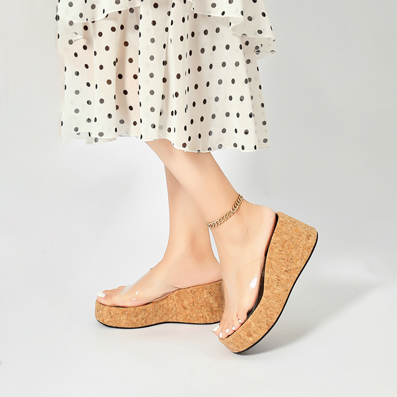 Shoeswoon Single Strap Slip On Natural Cork Platform Wedge Mules
