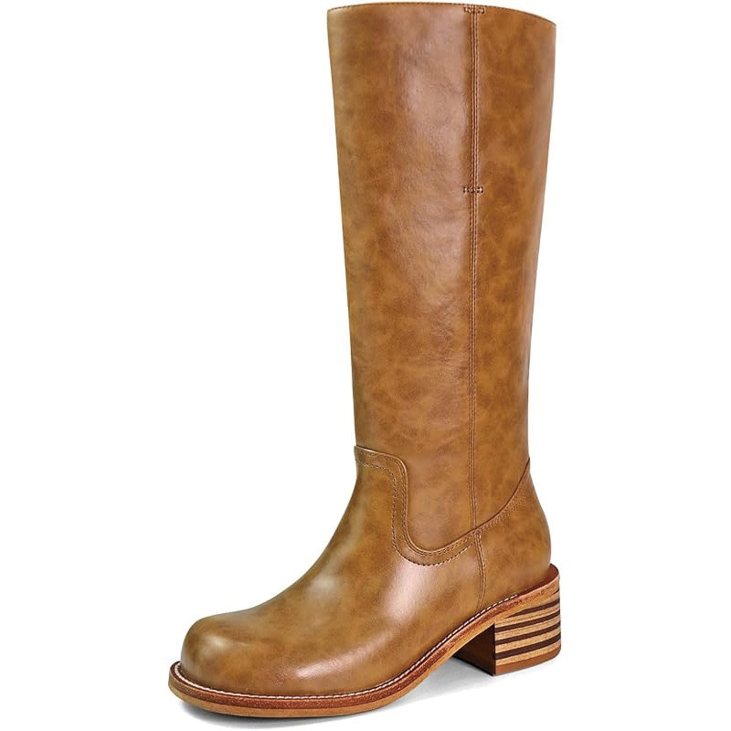 Shoeswoon Mustard Distressed Faux Leather Stacked Block Heel Knee‑High Boots