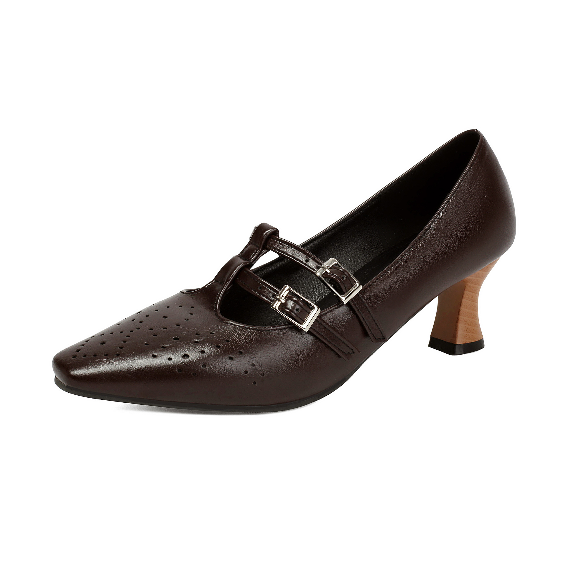 Shoeswoon Vintage T‑Bar Mary Janes Cutout Perforation Adjustable Buckle Mid Heel Shoes