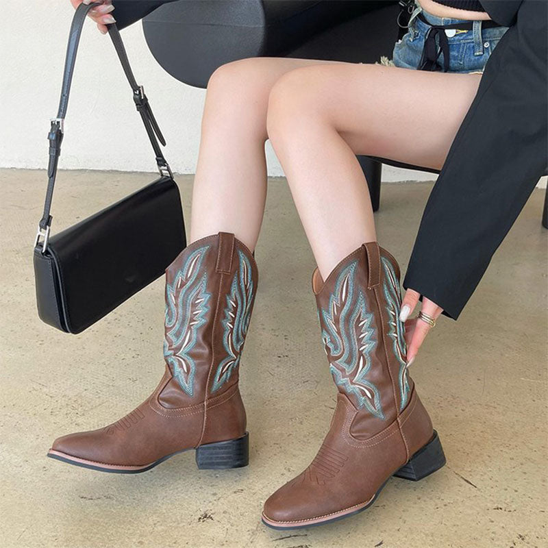 Shoeswoon Coffee Retro Embroidered Mid Calf Cowboy Boots