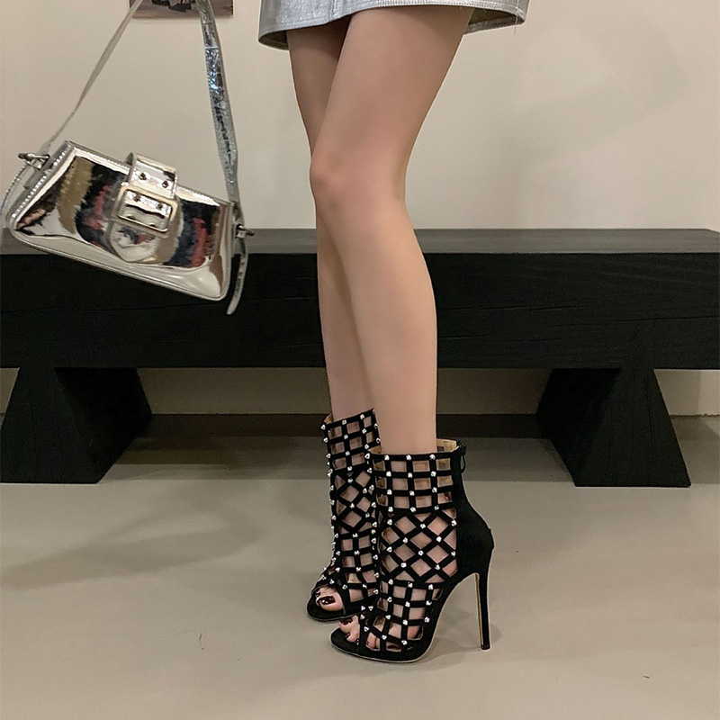 Shoeswoon Black Cutout Grid Spiked Peep Toe Back Zipper Ankle Boot Stiletto Sandals