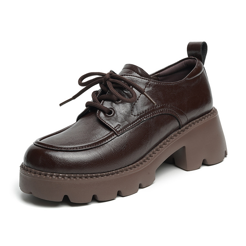 Shoeswoon Round Toe Stitched Trim Lace‑Up Thick Serrated Sole High Block Heel Retro Oxfords