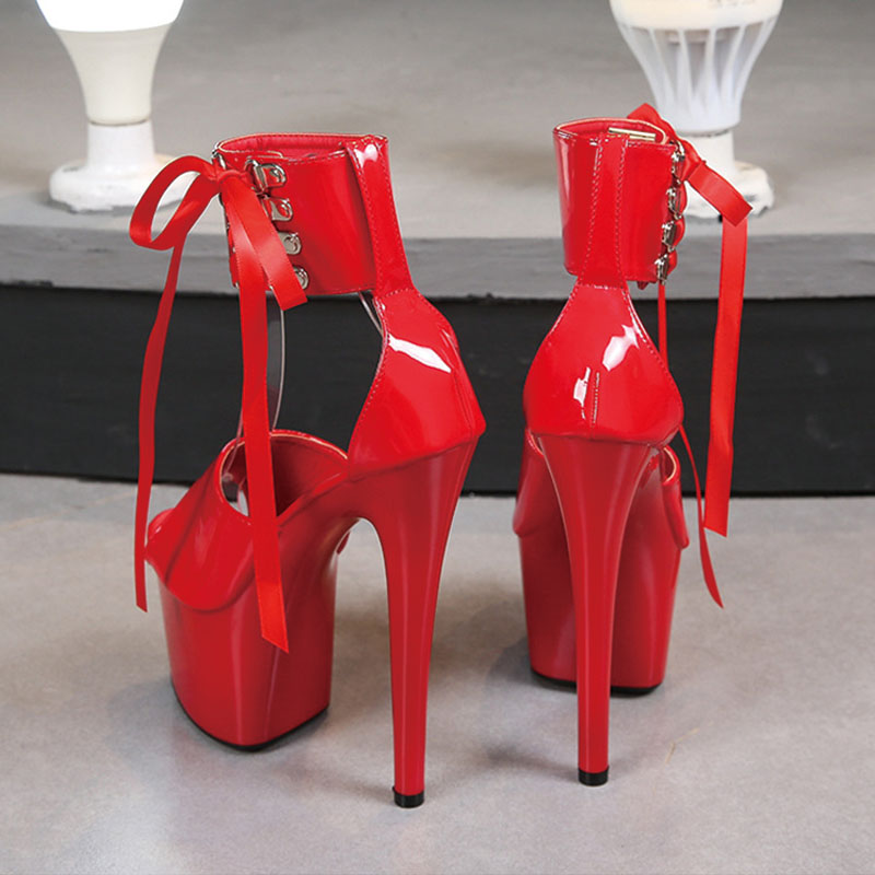 Shoeswoon Patent Peep Toe Lace-Up Wide Ankle Cuff Super Platform Stiletto Sandals