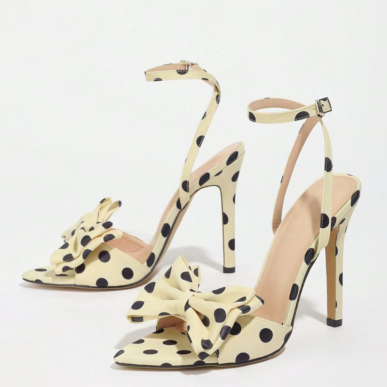 Shoeswoon Polka Dot Bow Stiletto Heel Ankle Strap Sandals