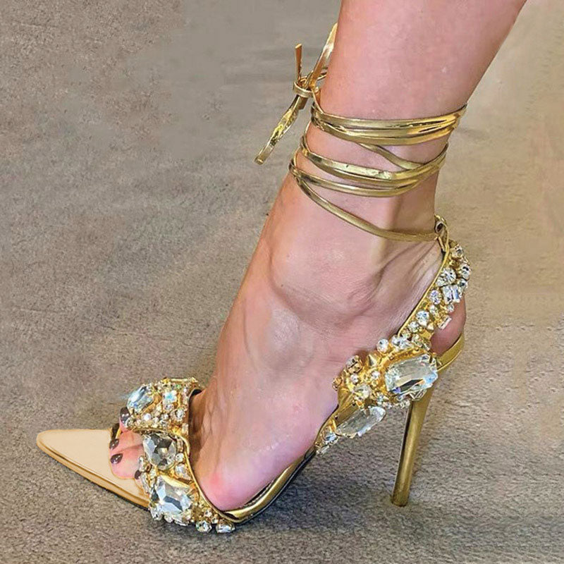 Shoeswoon Glamorous Crystal Embellished Wrap Around Stiletto Heel Sandals