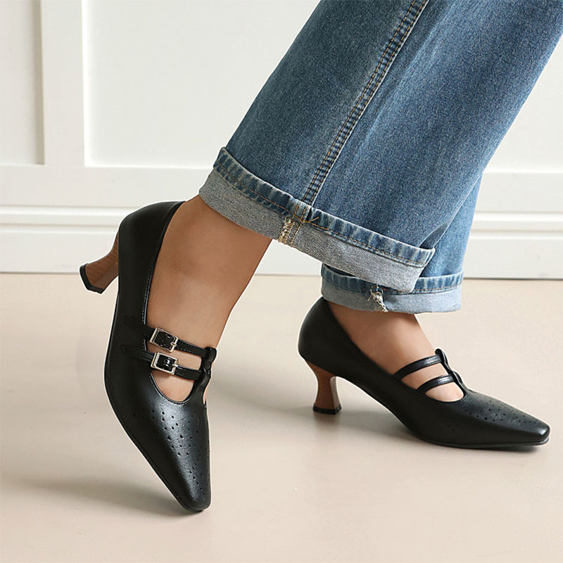 Shoeswoon Vintage Double‑Buckle Cut‑Out Square Toe Kitten‑Heel Mary Janes