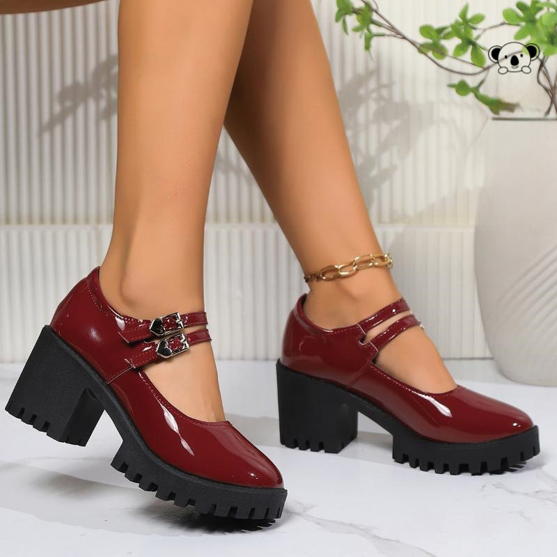 Shoeswoon Women's Glossy Block-Heel Mary Janes with Double-Heart Buckle