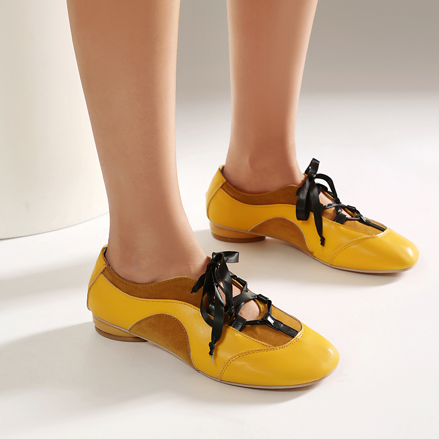 Shoeswoon Retro Patchwork Satin Ribbon Lace‑Up Women’s Flats