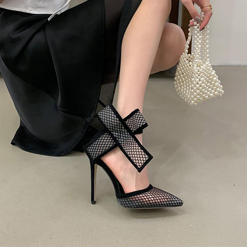 Shoeswoon Mesh Polka Dot Big Bow Ankle Strap Pointed Toe Stiletto Pumps