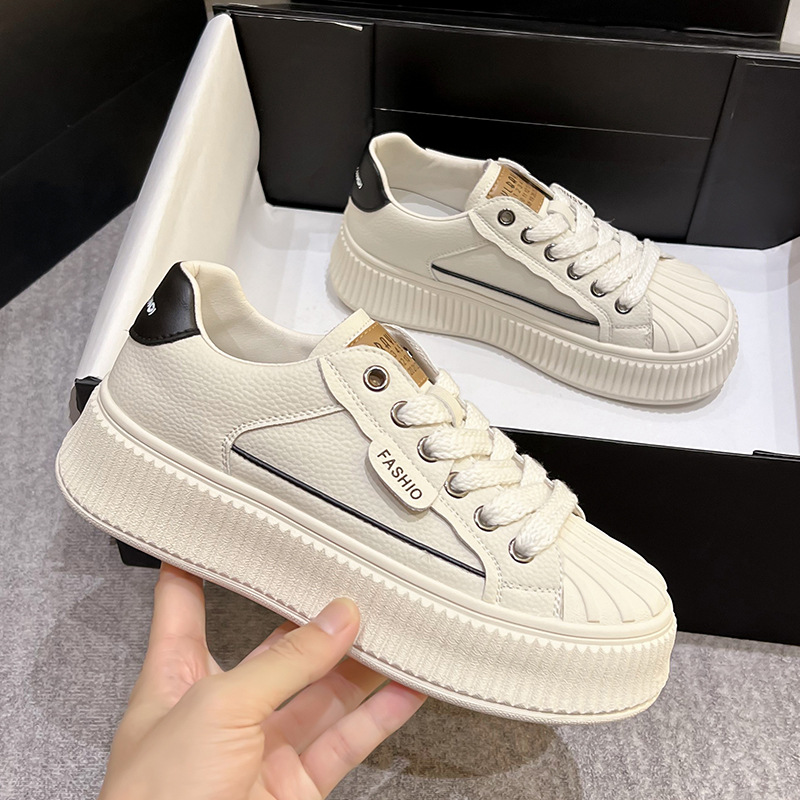Shoeswoon Retro Shell Head Thick‑Ridged Sole Faux‑Leather Lace‑Up Chunky Fashion Sneakers