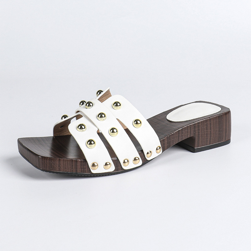 Shoeswoon Gold Studded Multi Strap Square Toe Block Heel Slide Sandals