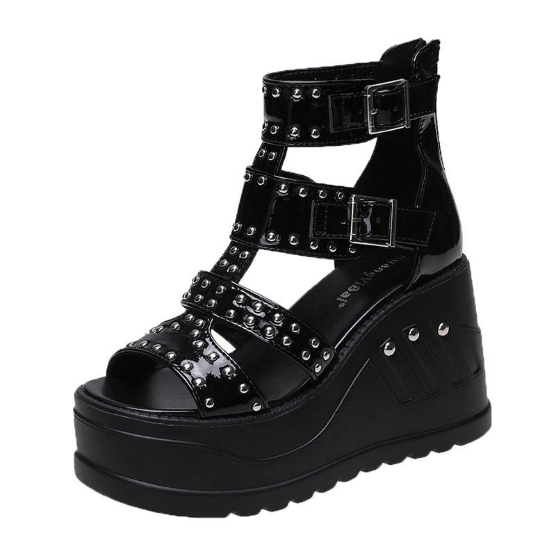 Shoeswoon Gothic Studded Multi Buckle Ankle Strap Platform Wedge Sandal Boots