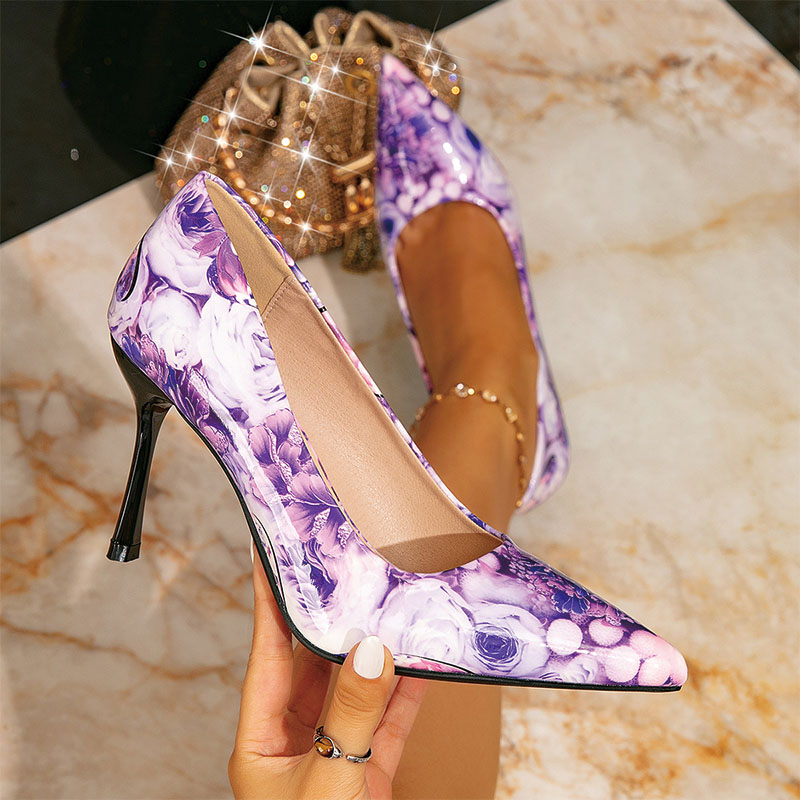 Shoeswoon Purple Floral Print Satin Pointed Toe Slim Stiletto High Heel Pumps
