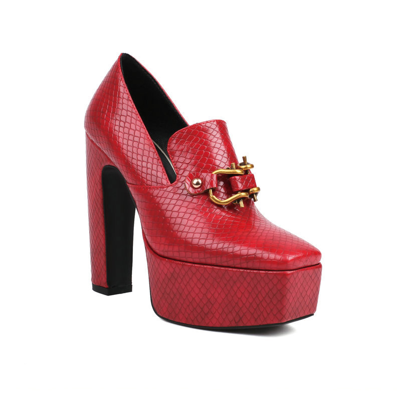 Shoeswoon Snake Embossed Gold Horsebit Square Toe Platform Chunky Heel Pumps