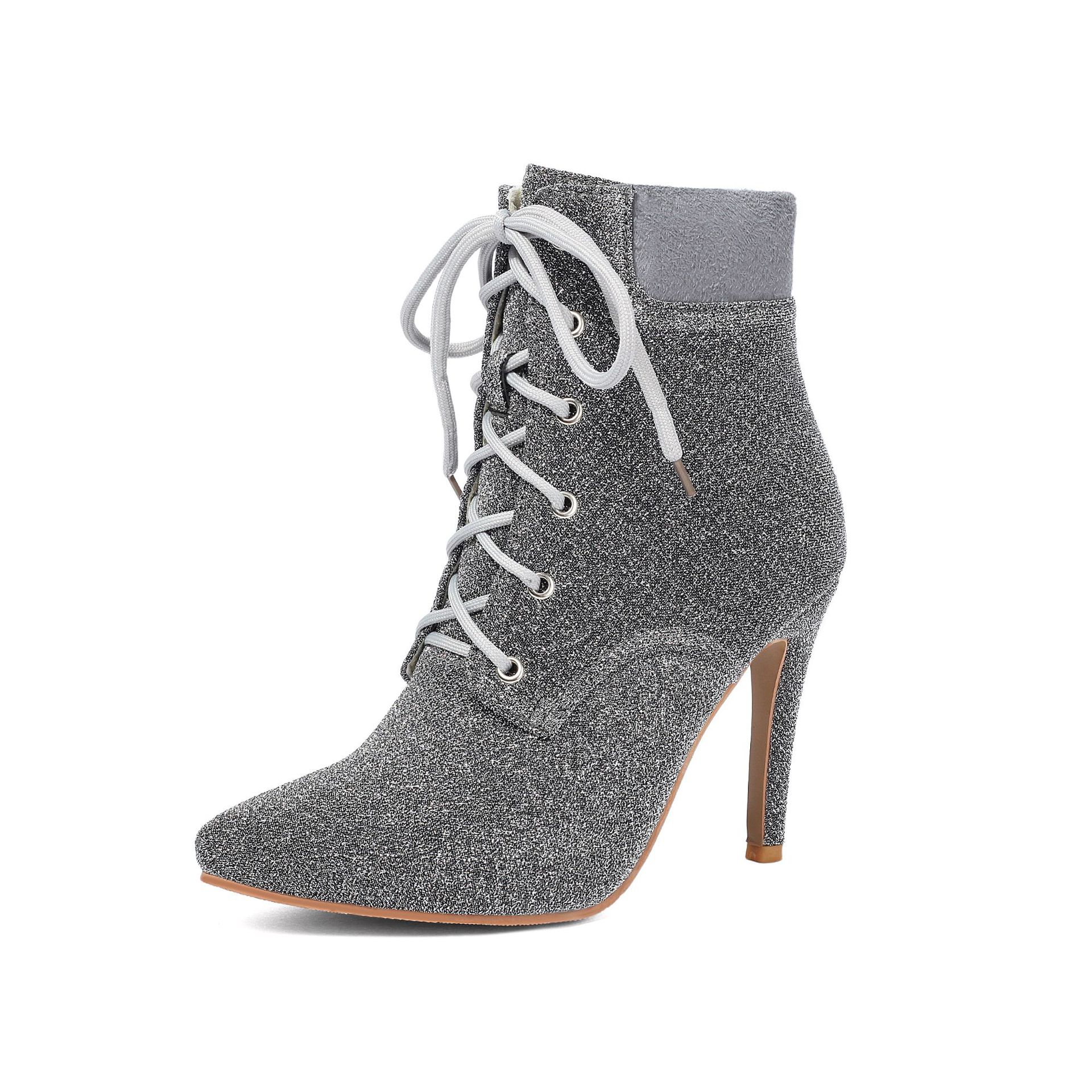 Shoeswoon Glitter Pointed‑Toe Ankle Booties Front Lace‑Up Design Slim Stiletto Heel