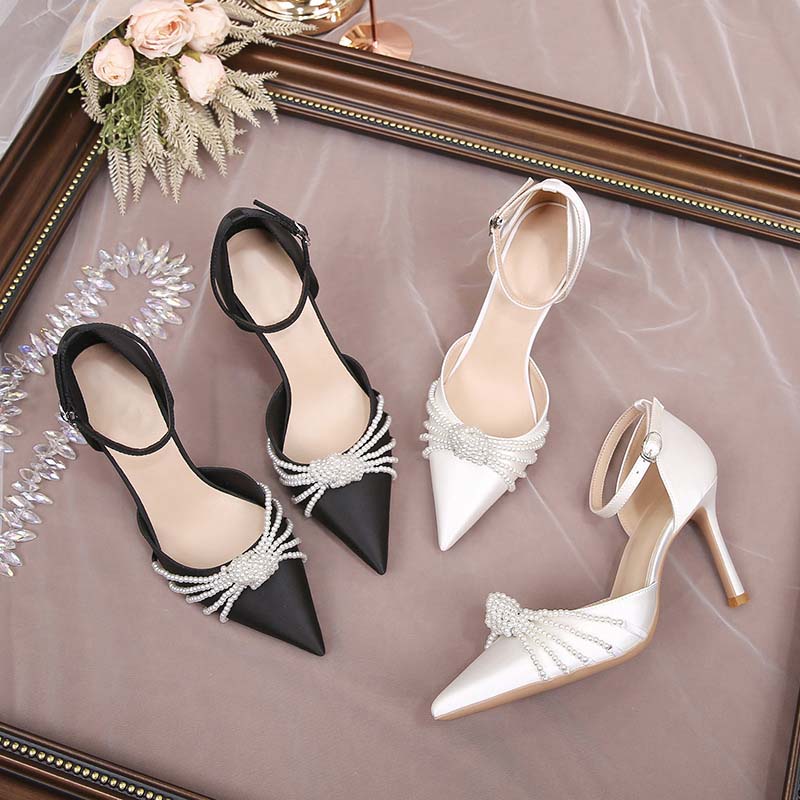 Shoeswoon Layered Pearl Design Ankle Buckle Wedding Stiletto High Heels